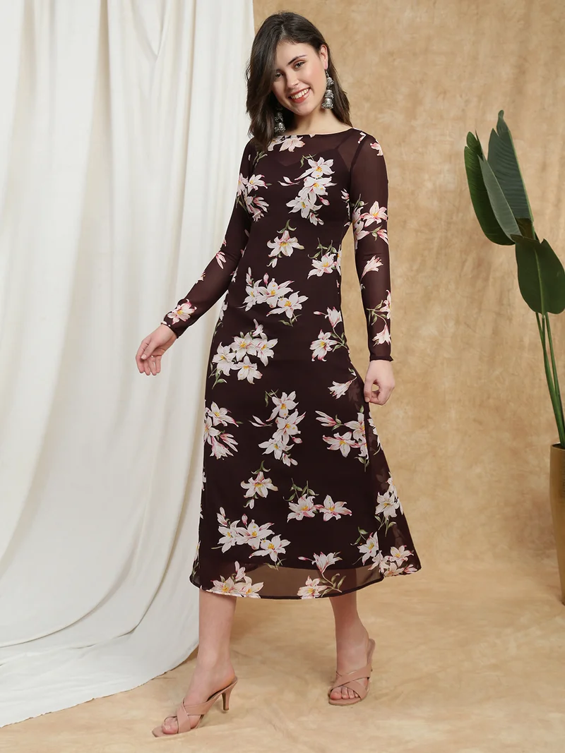 globus Globus Women Mauve Boat Neck Long Sleeves Floral Print Semi Sheer Midi A-Line Party Dress