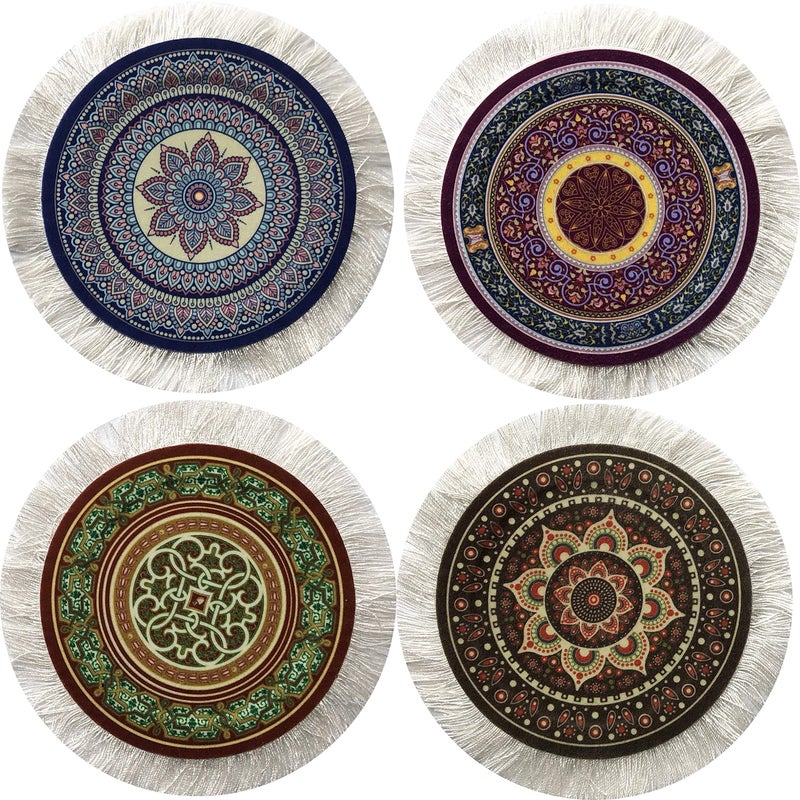 Inusitus Carpet Coasters, Set of 4 Turkish Rug Style Table Drink mats, Absorbent Kitchen and Dining Accessories, Spill & drip Protection, Round - Image 1