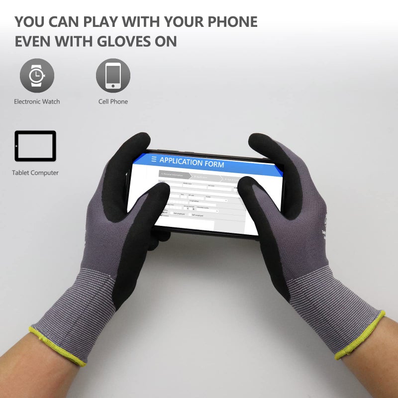 LOCCEF Work Gloves MicroFoam Nitrile Coated-6 Pairs,Seamless Knit Nylon Gloves,Gray Work gloves (7/S, Gary-6 Pairs) - Image 3