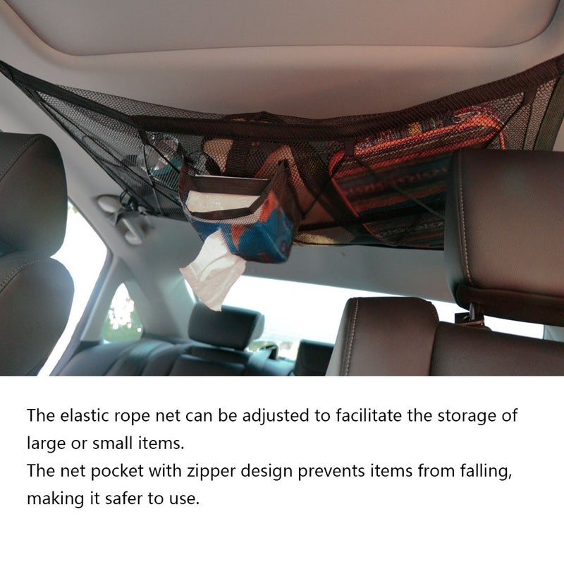 Car Ceiling Storage Bag Double-Layer Adjustable Cargo Net Sundries Organizer Interior Roof Mesh Pocket Tissue Pouch with Zipper Buckle - Image 4