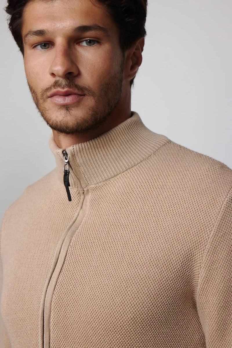 Tudors Half Turtleneck Zippered Stone Color Men's Cardigan