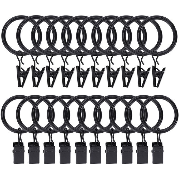20Pack Curtain Rings with Clips Drapery Clips for Curtain Drapery Rings with Clips for Hanging Drapery Drapes Bows 1 inch Interior Diameter Fits up to 45 in Curtain Rod Vintage Black