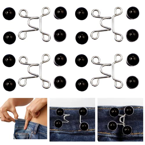 Urmspst 4 Set Pant Waist Tightener Adjustable Waist Buckle Set Extra Button for Jeans to Make Tighter Button Adjuster for Pants Jeans Skirts Sleeves Black Pearl