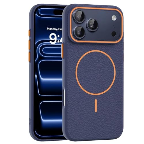 Elzzi New Lychee Texture Magnetic Phone Case for iPhone 17 Pro Case, [Compatible with Mag-Safe] Anti Yellow Velvet Lined Premium PC+TPU Back Cover (Navy Blue) - Image 1