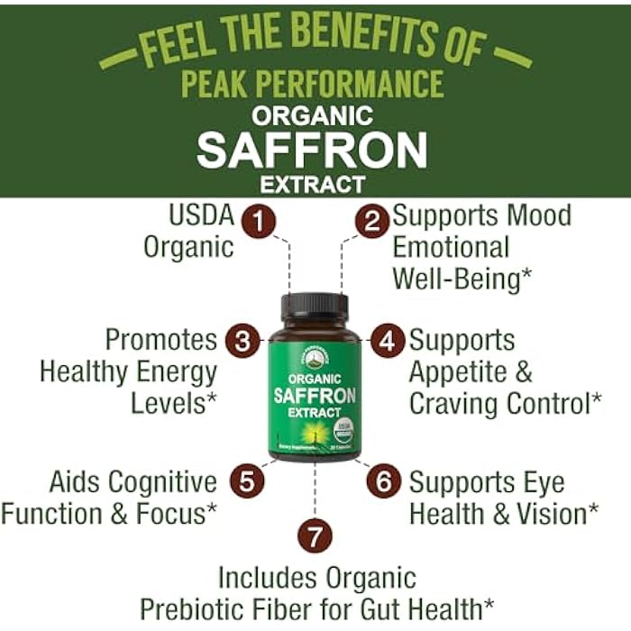 Peak Performance Saffron Supplements - USDA Organic Saffron Extract Capsules for Women, Men, and Kids. with Organic Prebiotic Fiber Instead of Filler. Pure and Natural for Mood, Brain, Focus, Cravings, PMS - Image 2