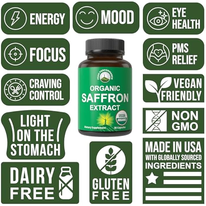 Peak Performance Saffron Supplements - USDA Organic Saffron Extract Capsules for Women, Men, and Kids. with Organic Prebiotic Fiber Instead of Filler. Pure and Natural for Mood, Brain, Focus, Cravings, PMS - Image 3