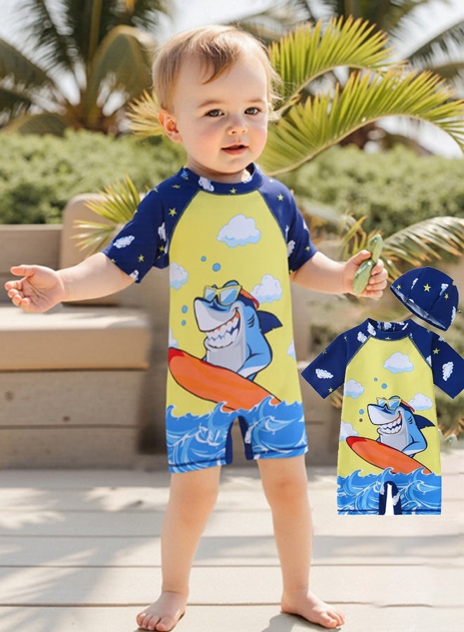 أس تس إل طقم بدلة سباحة للأطفال، ملابس سباحة للأولاد الصغار لطيف ديناصور طباعة قصيرة الأكمام سستة طفح الحرس مع قبعة بدلة سباحة الرضع حماية من الشمس - Image 2