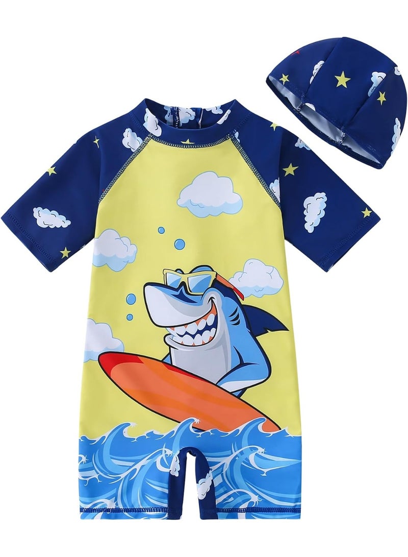 أس تس إل طقم بدلة سباحة للأطفال، ملابس سباحة للأولاد الصغار لطيف ديناصور طباعة قصيرة الأكمام سستة طفح الحرس مع قبعة بدلة سباحة الرضع حماية من الشمس - Image 3