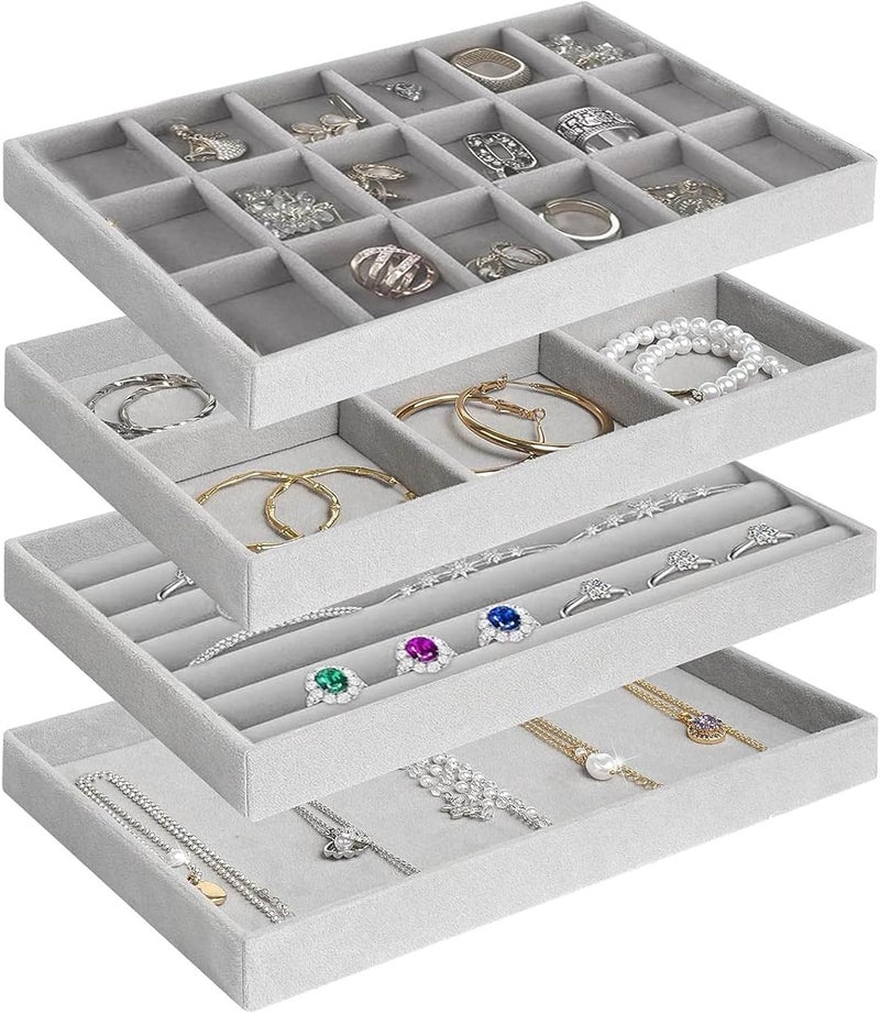 ALANX 4 Pcs Stackable Jewelry Organizer Tray,Jewelry Organizer Drawer Insert,Display Case Storage Containers, Earring Necklace Watch Bracelet Accessary Ring Trays with Removable Dividers (4, Grey) - Image 1