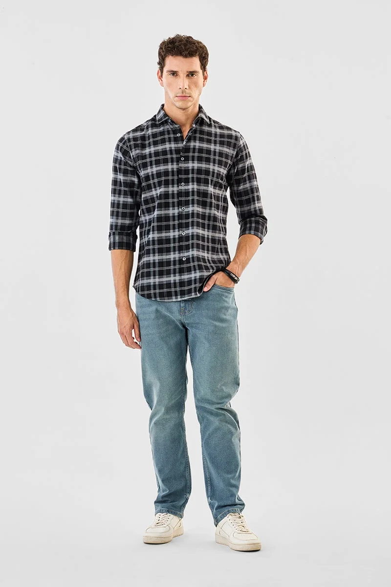 سنيتش Black Checkered Long Sleeve Slim Fit Shirt