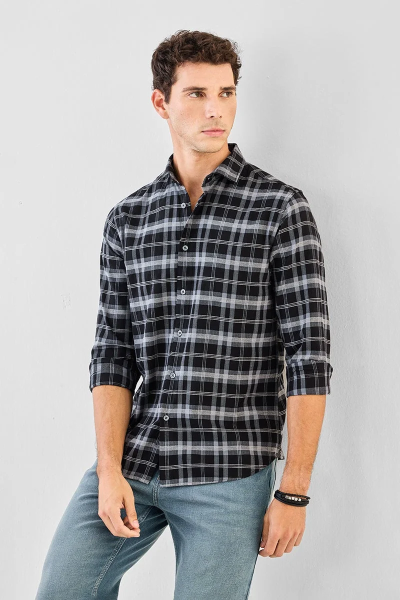 سنيتش Black Checkered Long Sleeve Slim Fit Shirt