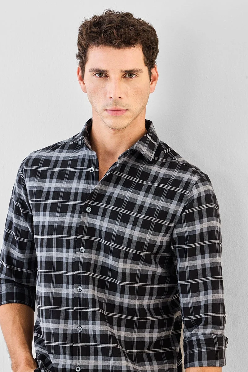 سنيتش Black Checkered Long Sleeve Slim Fit Shirt