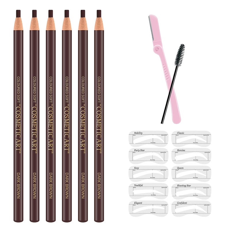 Ownest 6 Pcs Pull Cord Peeloff Eyebrow Pencil Tattoo Makeup and Microblading Supplies Set for Marking Filling and Outlining Waterproof and Durable Permanent Eyebrow Liner Dark Brown