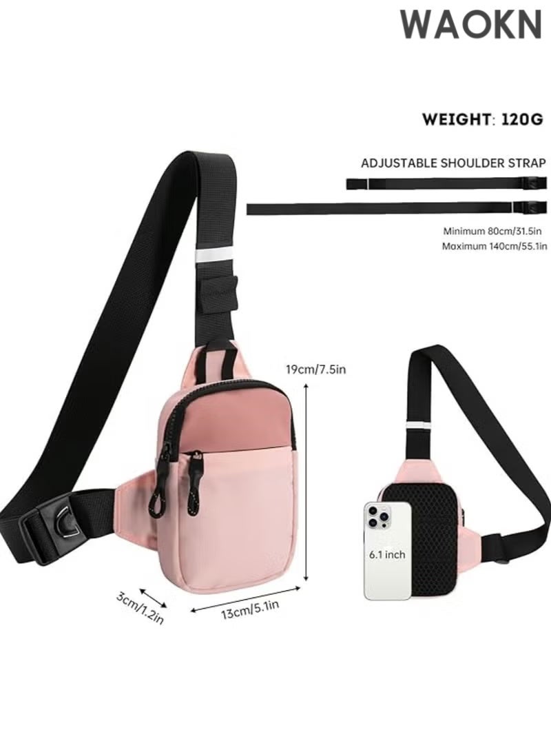 WAOKN Compact Waterproof Crossbody Bag - Adjustable Shoulder Strap Chest Waist Pack for Travel, Running, Hiking - Lightweight Mini Wallet Phone Bag with Anti-Theft Zipper Pockets - Sports Fanny Pack for Women/Men (Pink) - Image 4