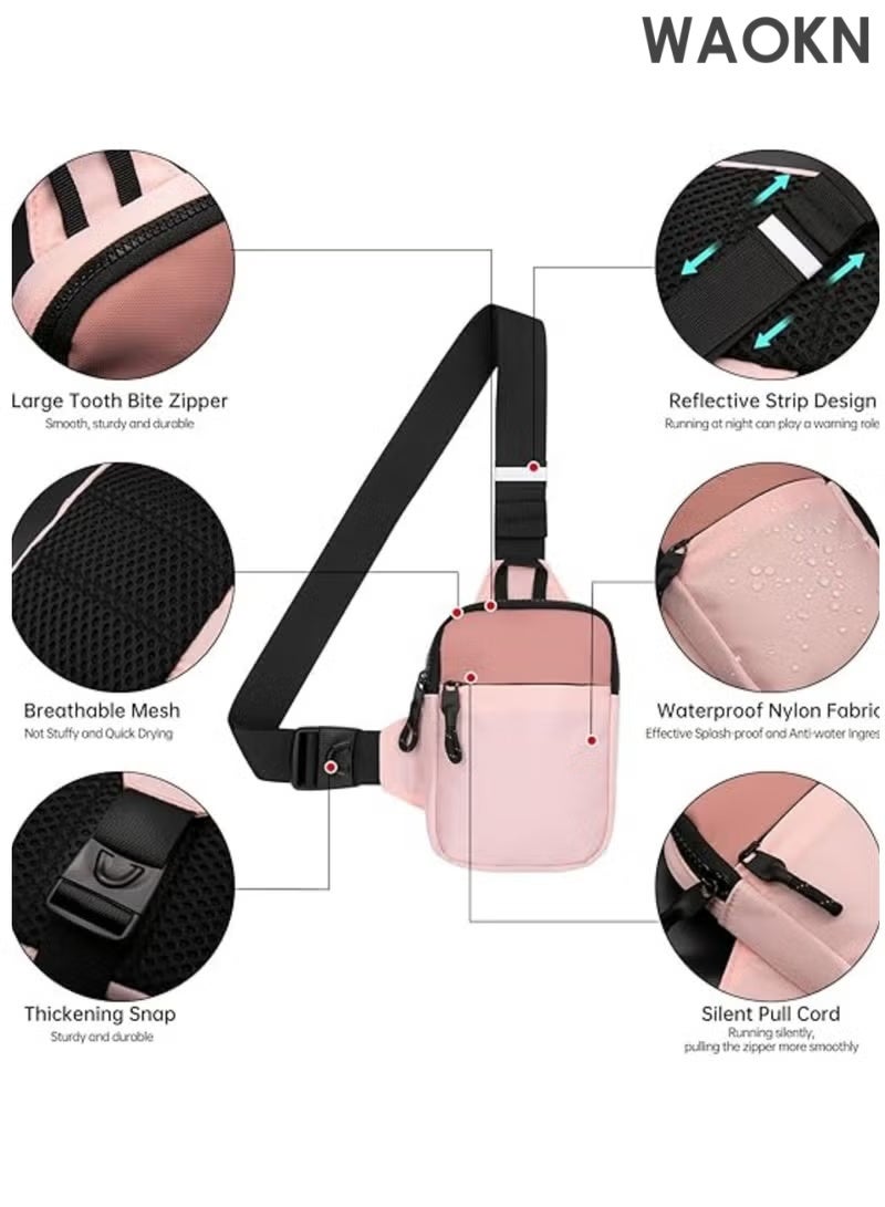 WAOKN Compact Waterproof Crossbody Bag - Adjustable Shoulder Strap Chest Waist Pack for Travel, Running, Hiking - Lightweight Mini Wallet Phone Bag with Anti-Theft Zipper Pockets - Sports Fanny Pack for Women/Men (Pink) - Image 3