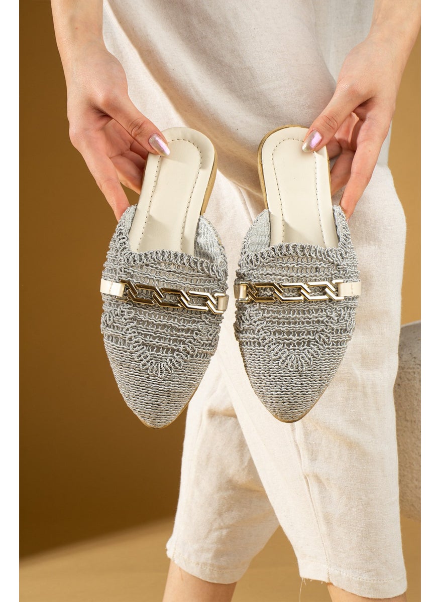 Pembe Potin Pink Potin Chain Buckle Lace Knitted Patterned Comfortable Fit Women's Slippers 001-1-24  - Image 1