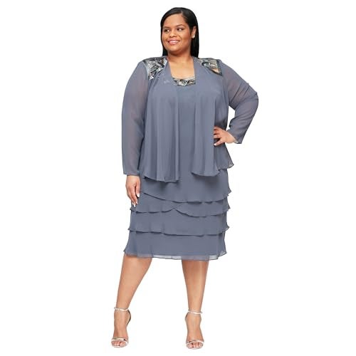 S.L. Fashions جاكيت فستان الأم العروس من S.L. Fashions للنساء بلس مع كتف مقصوص مزين بالخرز، ستيل، 16 - Image 5