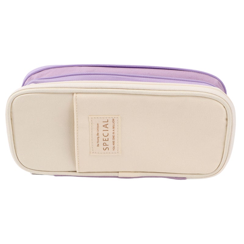 Large Pencil Case Purple And Beige: Premium Durable Canvas, Large Capacity With Mesh Pockets Pencil Slots - Smooth Metal Zipper Stationery Organizer For School, Office, Travel, Students And Kids - Image 1