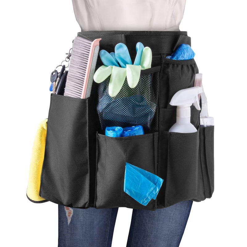 LoDrid Cleaning Apron for Housekeeping with 9 Pockets Cleaning Bag with Adjustable Waist Belt Professional Cleaning Supplies Apron for Work Black