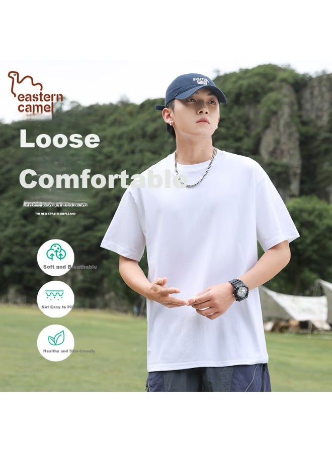 Eastern Camel Short-sleeve T-shirt For Men, Summer Heavyweight Outdoor Sports Solid Color Pure Cotton Loose Versatile Undershirt, White, XL - Image 1