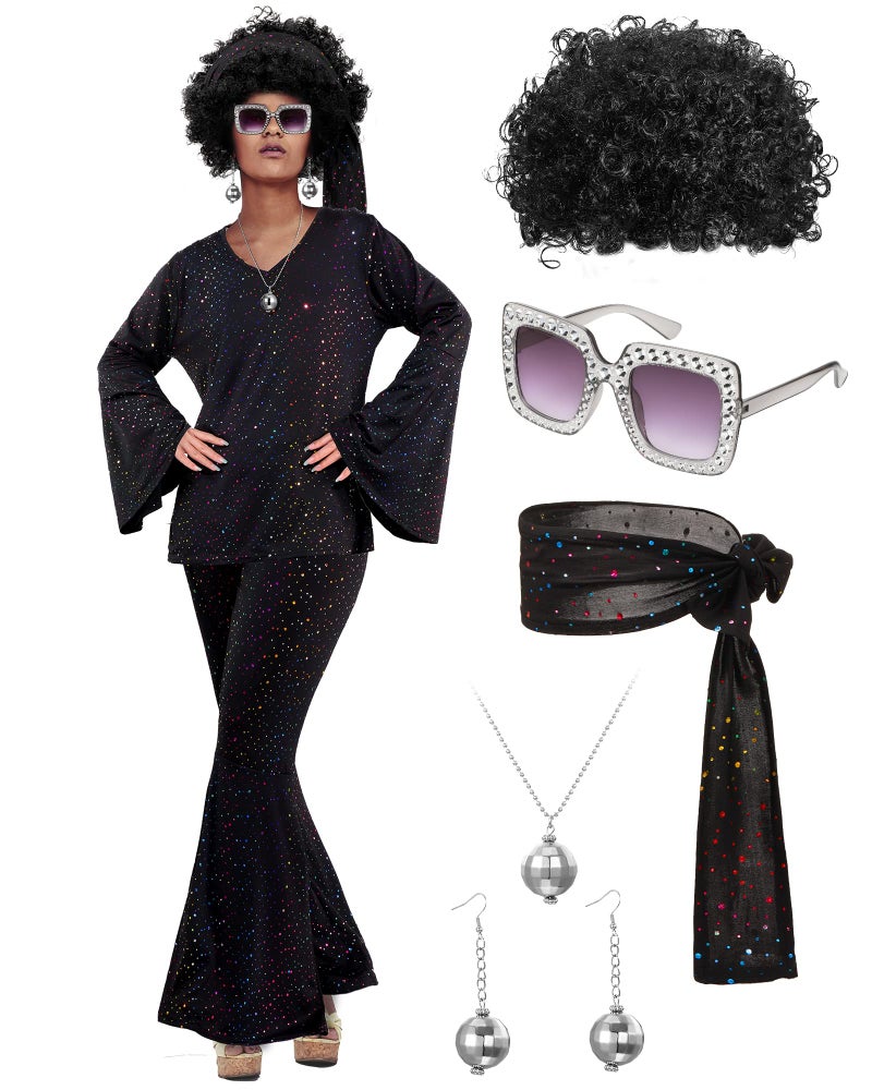 Jexine Halloween 70s Women Disco Outfit Costume Set Disco Party Top Pants Sunglasses Ball Necklace Earring Wig(Black,3X-Large) - Image 1