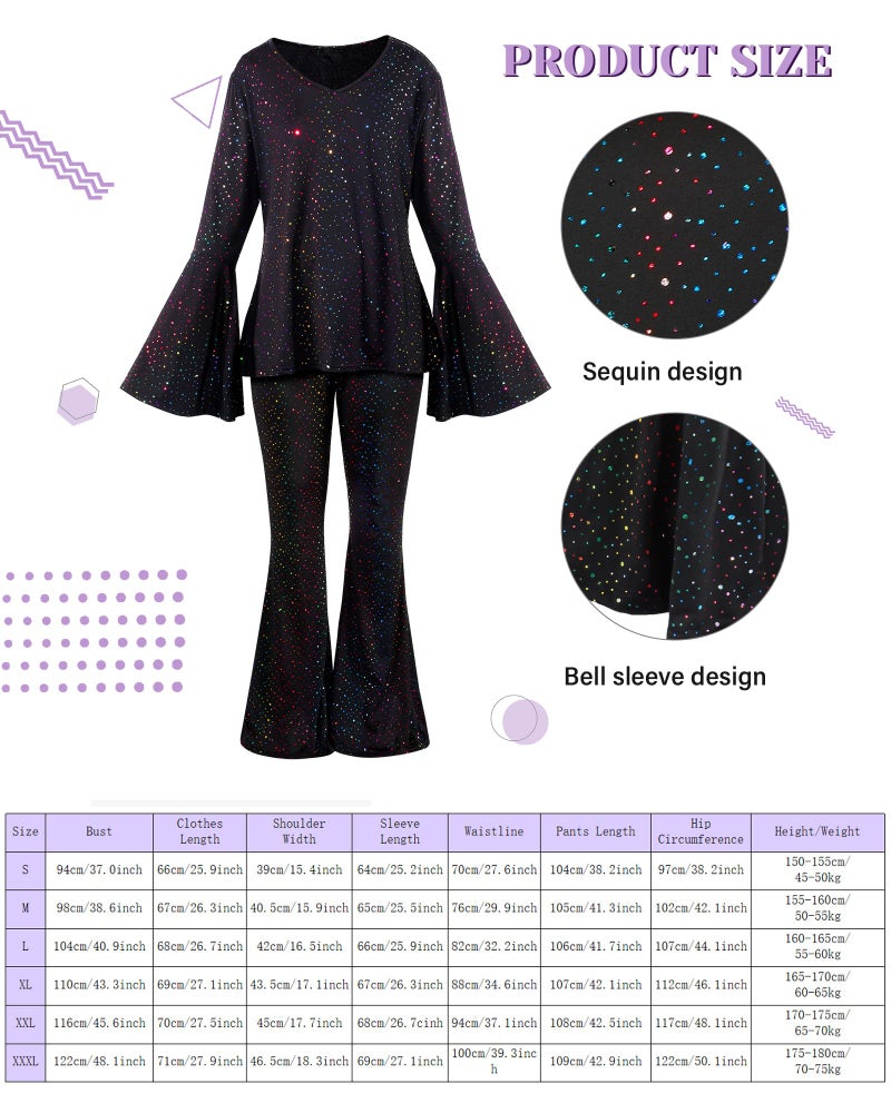 Jexine Halloween 70s Women Disco Outfit Costume Set Disco Party Top Pants Sunglasses Ball Necklace Earring Wig(Black,3X-Large) - Image 2