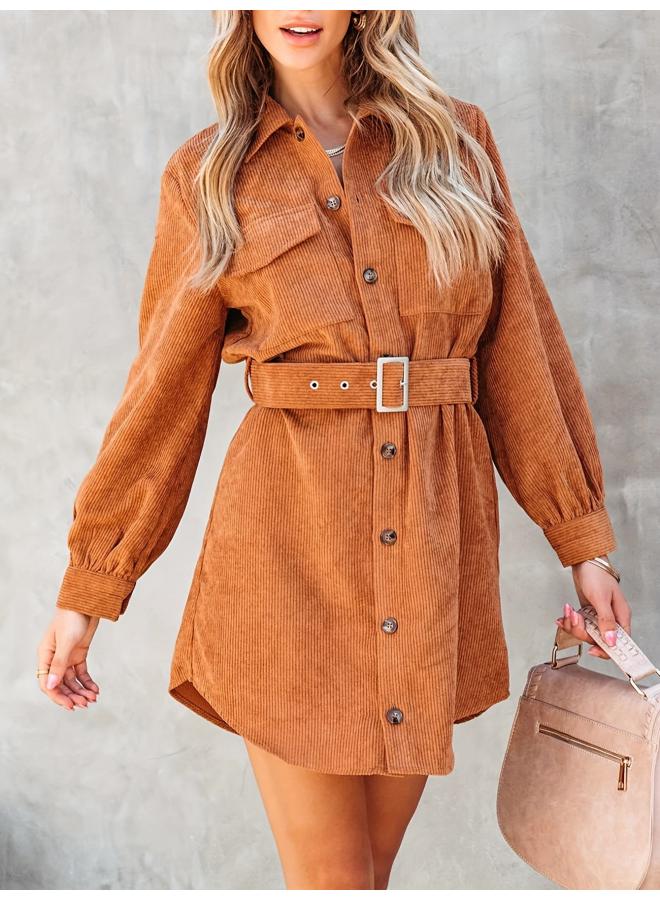 Women's Clothing Independent Station Autumn And Winter Corduroy Pit Solid Color Long Sleeve Shirt Dress