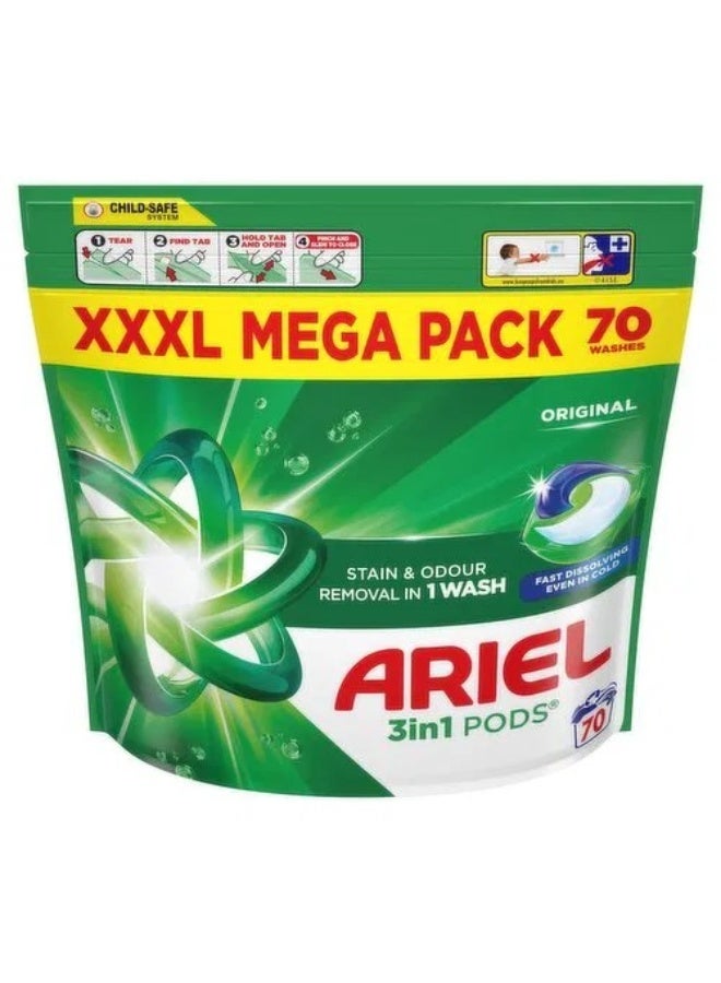 3 In 1 Original Pods Washing Capsules, Stain & Odour Removal In 1 Wash, Fast Dissolving Even In Cold - 70 Washes