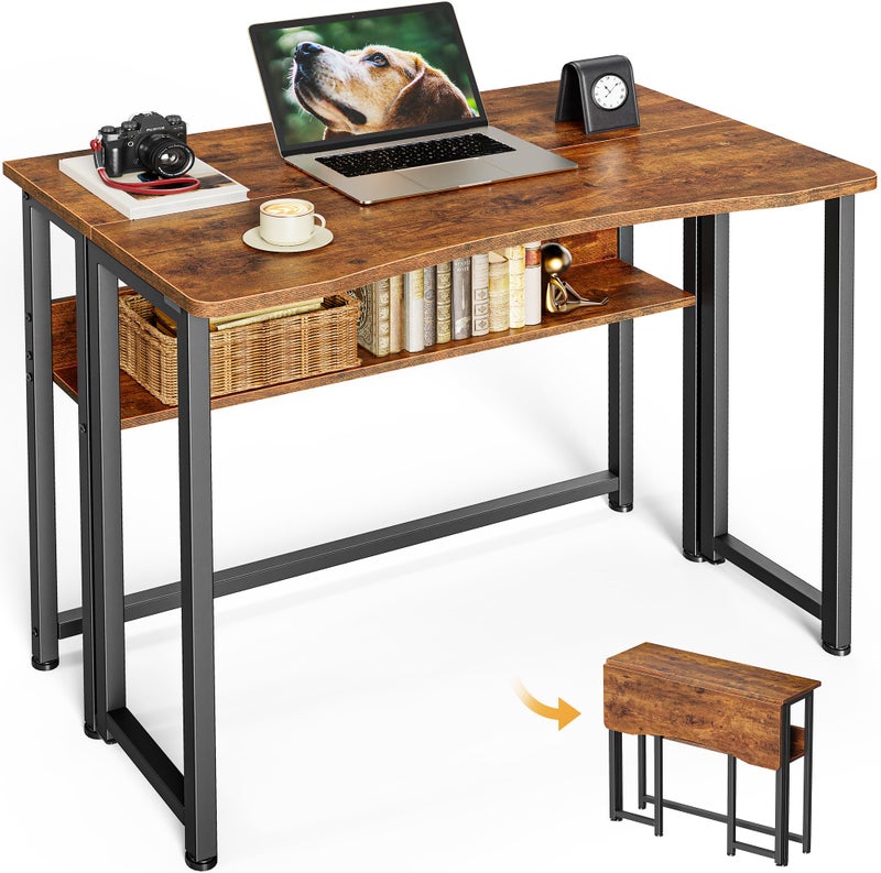 Huuger Folding Desk with Storage Shelf, 31.5 Inch Foldable Computer Table for Small Spaces, Space Saving Sofa Table for Couch, Writing Work Office Computer Desk, Easy to Fold, Rustic Brown - Image 1