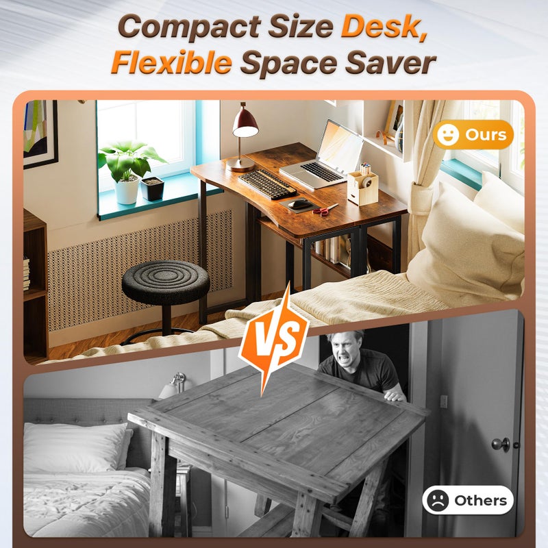 Huuger Folding Desk with Storage Shelf, 31.5 Inch Foldable Computer Table for Small Spaces, Space Saving Sofa Table for Couch, Writing Work Office Computer Desk, Easy to Fold, Rustic Brown - Image 2