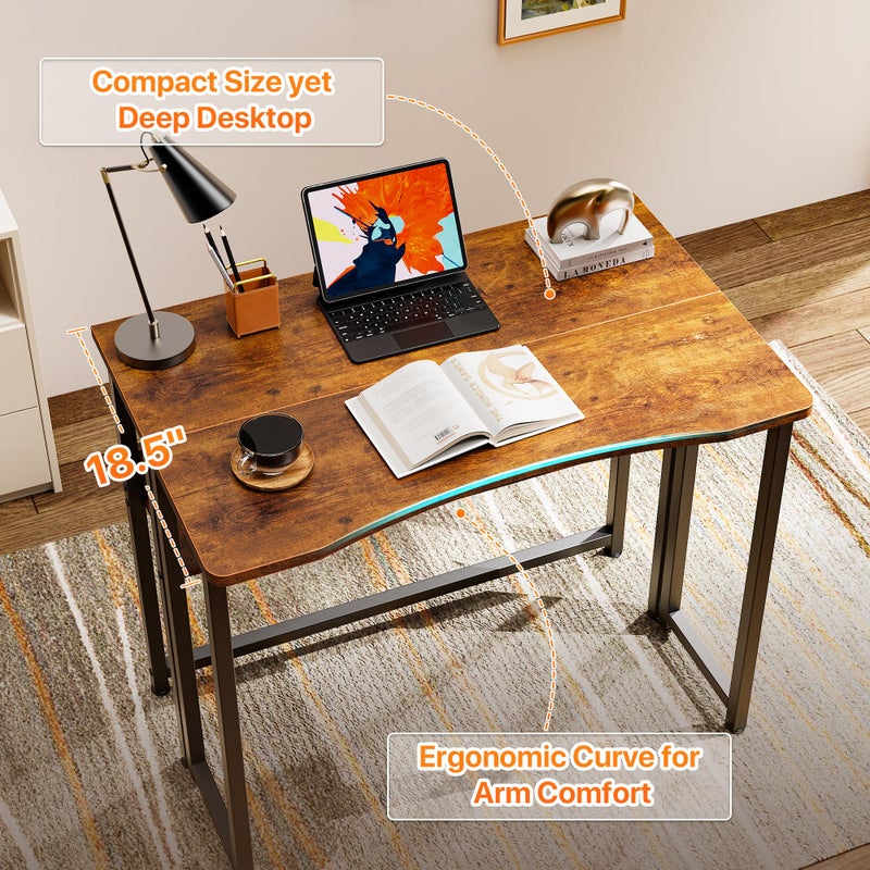 Huuger Folding Desk with Storage Shelf, 31.5 Inch Foldable Computer Table for Small Spaces, Space Saving Sofa Table for Couch, Writing Work Office Computer Desk, Easy to Fold, Rustic Brown - Image 4