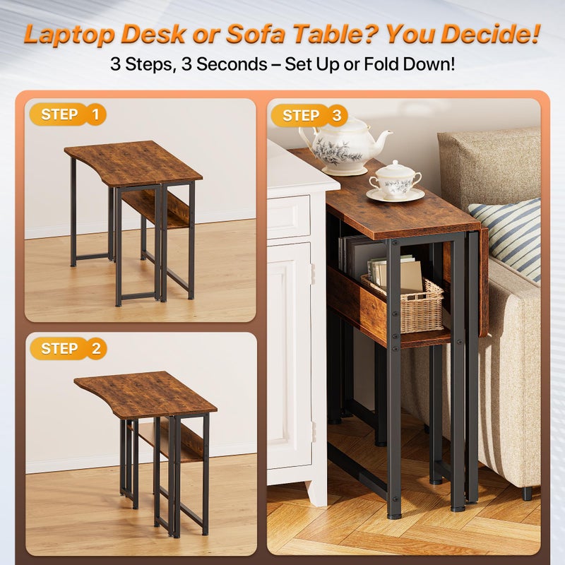 Huuger Folding Desk with Storage Shelf, 31.5 Inch Foldable Computer Table for Small Spaces, Space Saving Sofa Table for Couch, Writing Work Office Computer Desk, Easy to Fold, Rustic Brown - Image 3