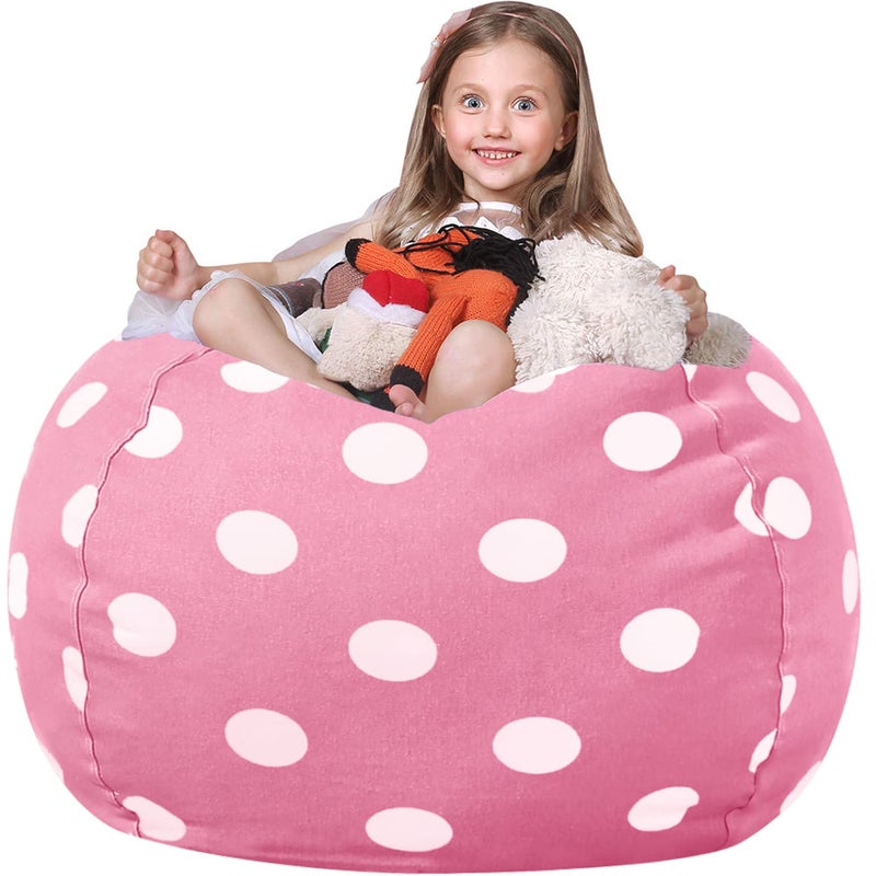 WEKAPO Stuffed Animal Storage Bean Bag Chair Cover for Kids Stuffable Zipper Beanbag for Organizing Children Plush Toys Large Premium Cotton Canvas Pink Dot XXLarge