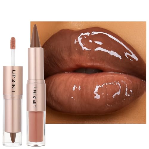 Erinde 2 In 1 Lip Combo Set DualEnded Lip Liner Gloss Combo Nude Brown Lipliner Velvet Matte Lipstick HighShine Gloss High Pigmented LongLasting Lipstick Makeup Vegan CrueltyFree 06 - Image 1