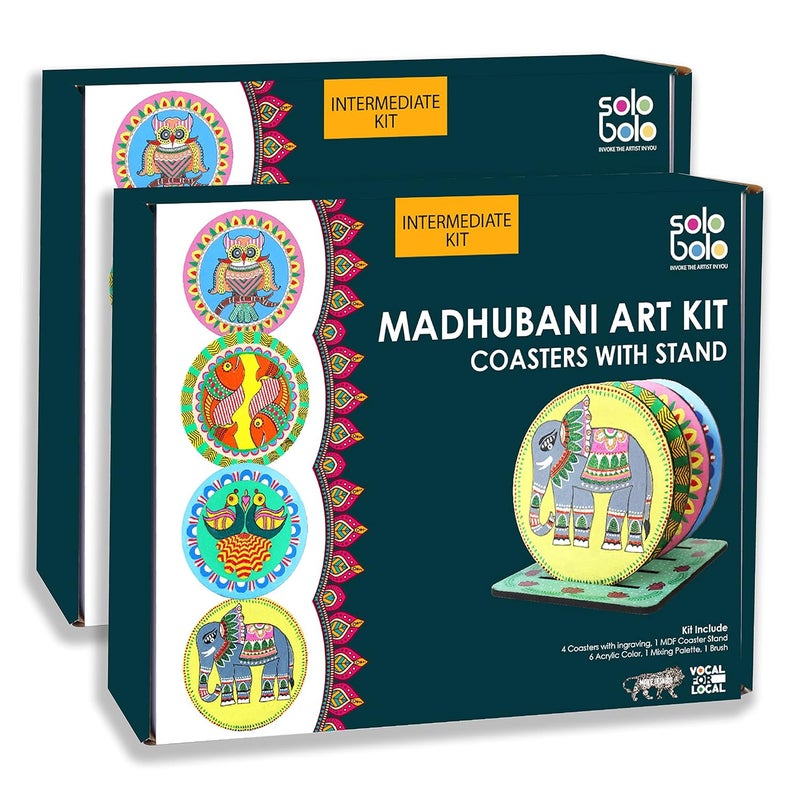 SOLOBOLO Madhubani Painting Kit Tea Coasters with Stand, Art and Craft kit for Girls 9-12, Coaster DIY Craft Kit, Painting kit for Kids 6-12, Gift for Children's (Pack of 2, Multicolor) - Image 1