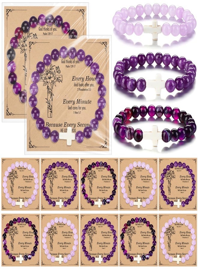 Highergo 12 Sets Christian Cross Beaded Bracelets Bulk for Women Natural Stone Religious Bracelet Church Easter Mothers Day Gift(Purple) - Image 1