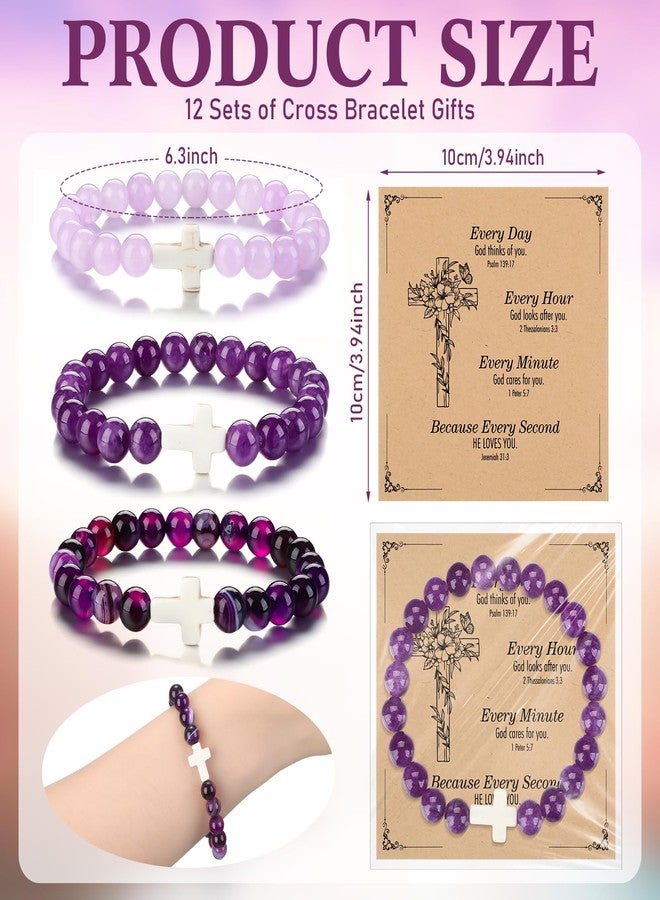 Highergo 12 Sets Christian Cross Beaded Bracelets Bulk for Women Natural Stone Religious Bracelet Church Easter Mothers Day Gift(Purple) - Image 2