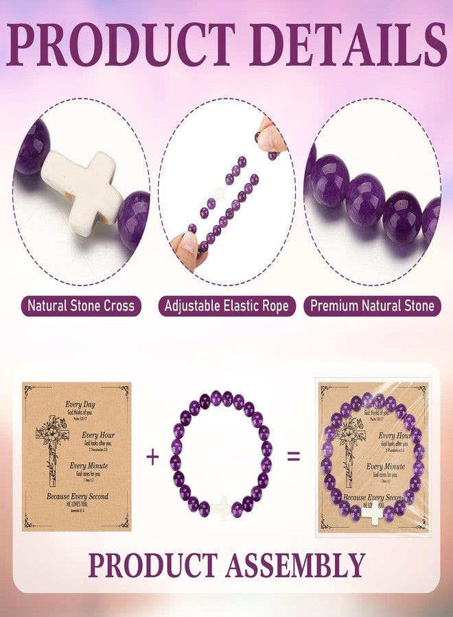 Highergo 12 Sets Christian Cross Beaded Bracelets Bulk for Women Natural Stone Religious Bracelet Church Easter Mothers Day Gift(Purple) - Image 4