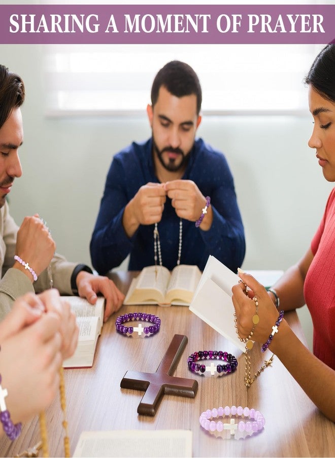 Highergo 12 Sets Christian Cross Beaded Bracelets Bulk for Women Natural Stone Religious Bracelet Church Easter Mothers Day Gift(Purple) - Image 5