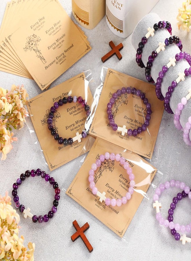 Highergo 12 Sets Christian Cross Beaded Bracelets Bulk for Women Natural Stone Religious Bracelet Church Easter Mothers Day Gift(Purple) - Image 3