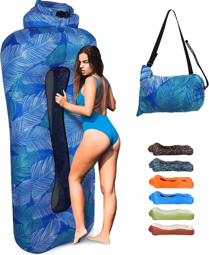 Inflatable Lounger Air Sofa Lightweight, Portable Inflatable Sun Lounger with Mesh Back, Waterproof Blow Up Camping Sofa for Beach Pool Music Festival, Klein Blue Feather - Image 1