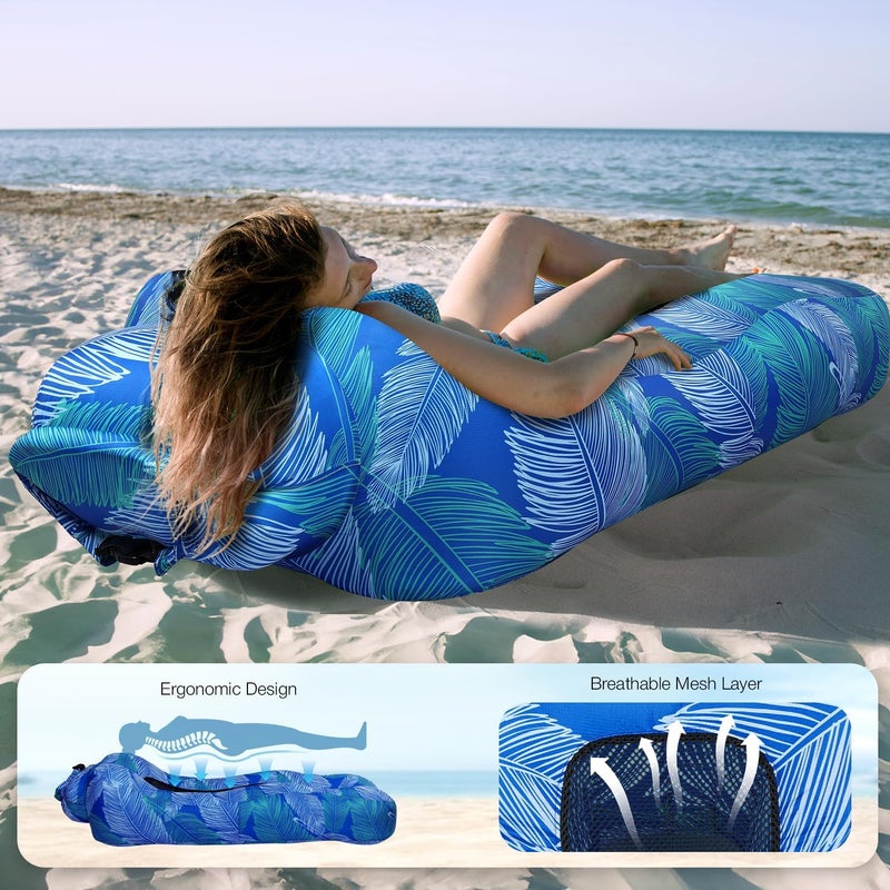 Inflatable Lounger Air Sofa Lightweight, Portable Inflatable Sun Lounger with Mesh Back, Waterproof Blow Up Camping Sofa for Beach Pool Music Festival, Klein Blue Feather - Image 2