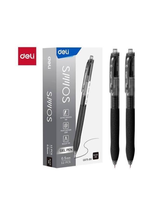 Deli Retractable Black Gel Pens – 0.5 mm – 12 Pieces