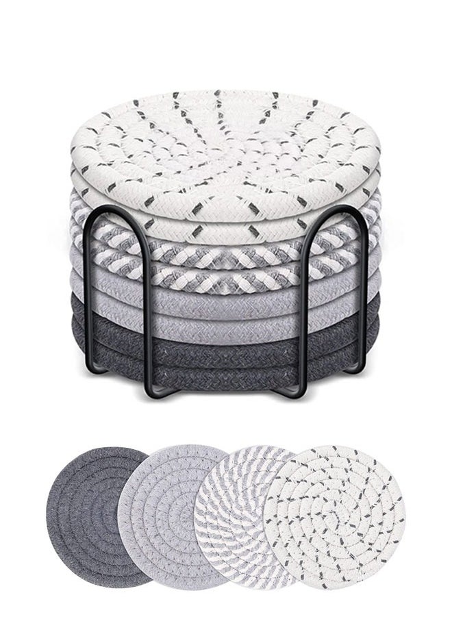 HAWAWA - 8 Pcs Coasters for Drinks, 11cm Absorbent Coasters with Holder, Cotton Woven Drink Coasters, Braided Coasters Heat-Resistant for Home Decor Tabletop Protection Suitable for Kinds of Cups - Image 1