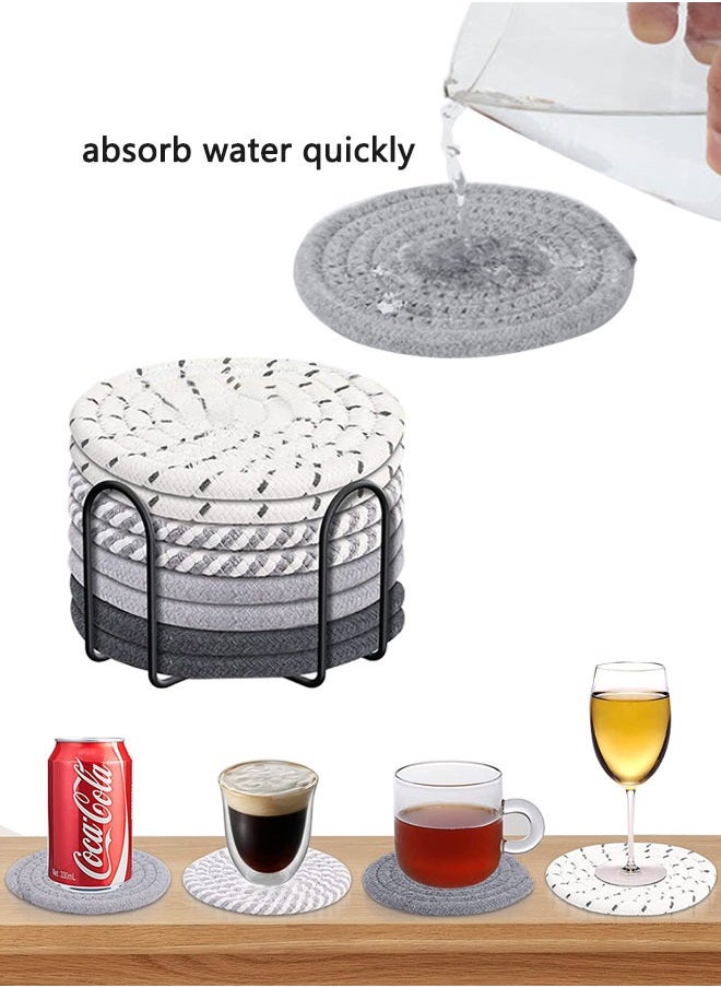 HAWAWA - 8 Pcs Coasters for Drinks, 11cm Absorbent Coasters with Holder, Cotton Woven Drink Coasters, Braided Coasters Heat-Resistant for Home Decor Tabletop Protection Suitable for Kinds of Cups - Image 1