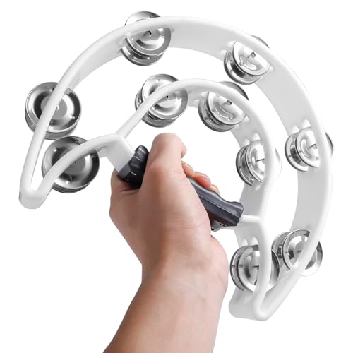 TENINYU Half Moon Musical Tambourine Double Row Metal Jingles Hand Held Percussion Drum Multicolor for KTV Party with Ergonomic Handle Grip (White) - Image 4