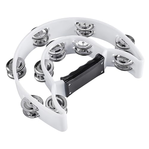 TENINYU Half Moon Musical Tambourine Double Row Metal Jingles Hand Held Percussion Drum Multicolor for KTV Party with Ergonomic Handle Grip (White) - Image 2
