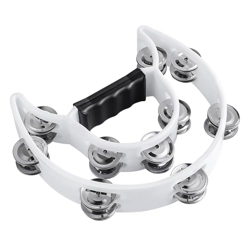 TENINYU Half Moon Musical Tambourine Double Row Metal Jingles Hand Held Percussion Drum Multicolor for KTV Party with Ergonomic Handle Grip (White) - Image 3
