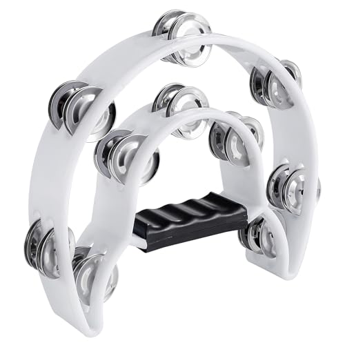 TENINYU Half Moon Musical Tambourine Double Row Metal Jingles Hand Held Percussion Drum Multicolor for KTV Party with Ergonomic Handle Grip (White) - Image 1