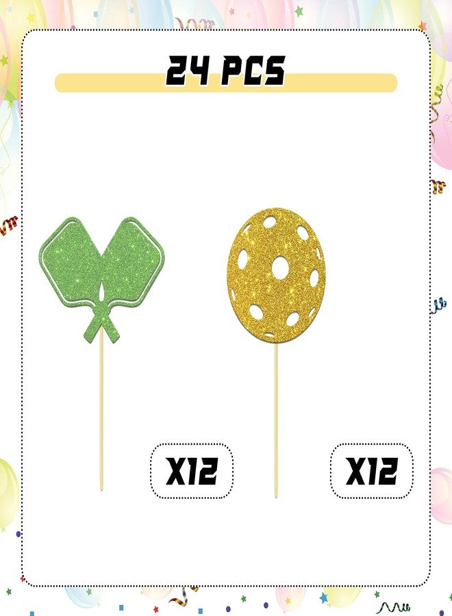 BOBYIYI 24 Pcs Pickleball Cupcake Toppers Pickleball Cake Decorations for Kids Pickleball Party Birthday Decor Sport Themed Birthday Retirement Party Supplies Glitter Green Golden - Image 3